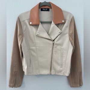 Women's Vegan Leather and Suede Colorblock Jacket in Tan and Cream